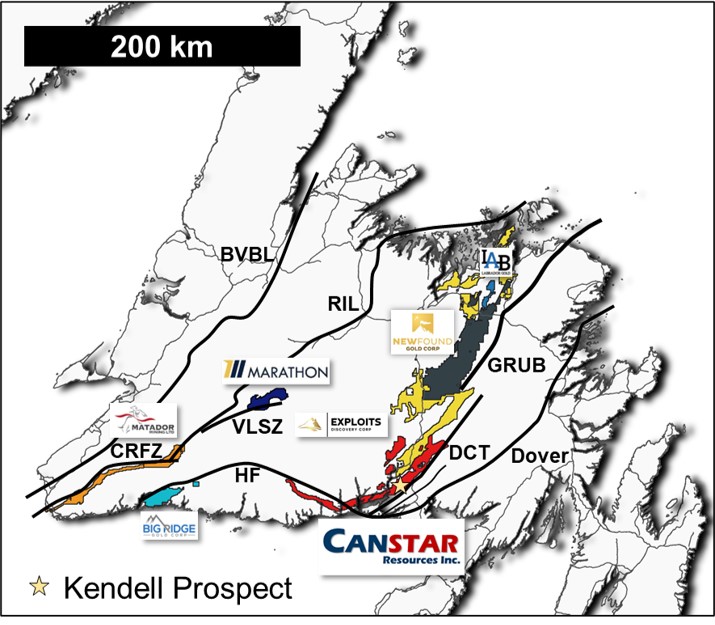 Figure 1 – Location of the Golden Baie claims (red polygon) along the Day Cove Thrust (DCT) and Hermitage Project claims along the Hermitage Flexure (HF)