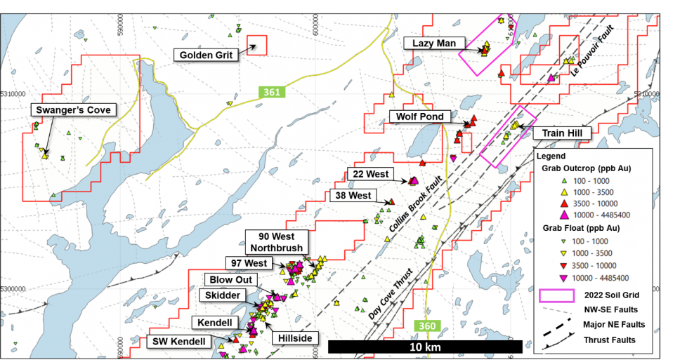 Figure 1 - Central portion of Golden Baie claims (red outline) highlighting key gold occurrences (see Figure 5 for full property outline)