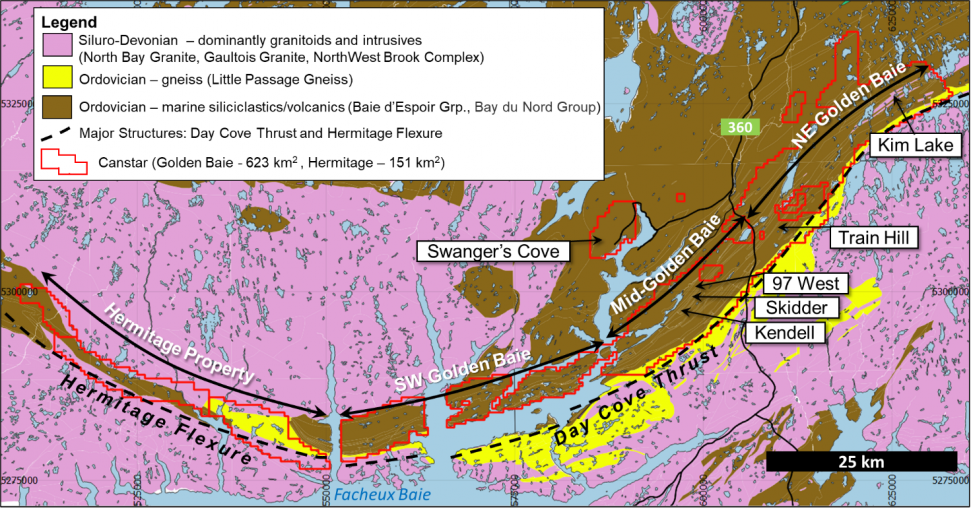 Figure 5 - Canstar claim blocks (red outline) along Day Cove Thrust and Hermitage Flexure in southcentral Newfoundland, with simplified geology and Baie d’Espoir Highway (Route 360)