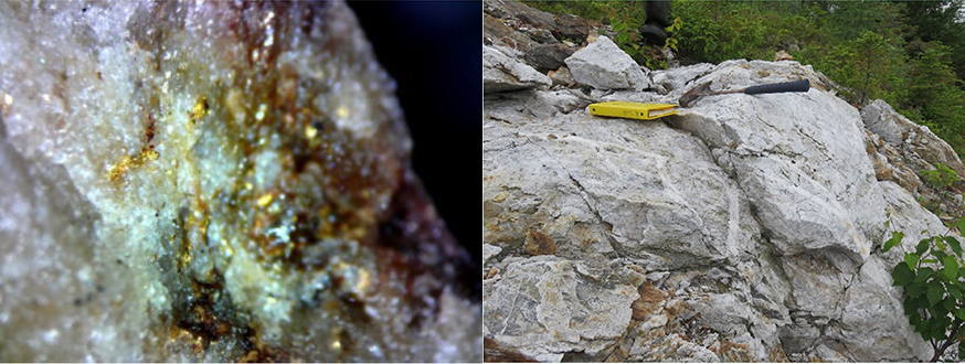 Figure 2 - Multi-generational quartz veining and silicification of argilite host rock (left) and visible gold in quartz (right) from Kendell prospect, Golden Baie