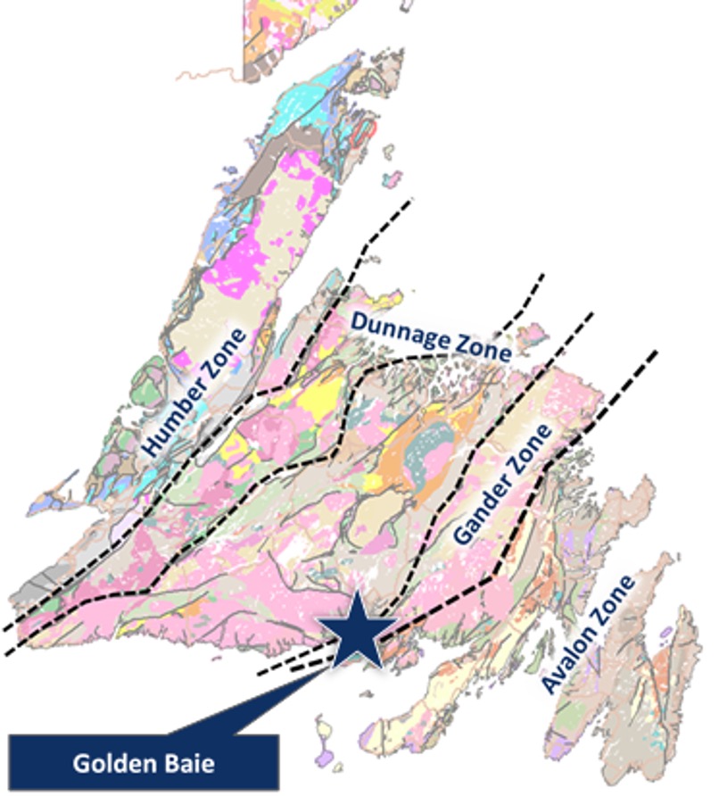 Figure 4 - Geological map of Newfoundland showing major tectonostratigraphic zones and Golden Baie Project location