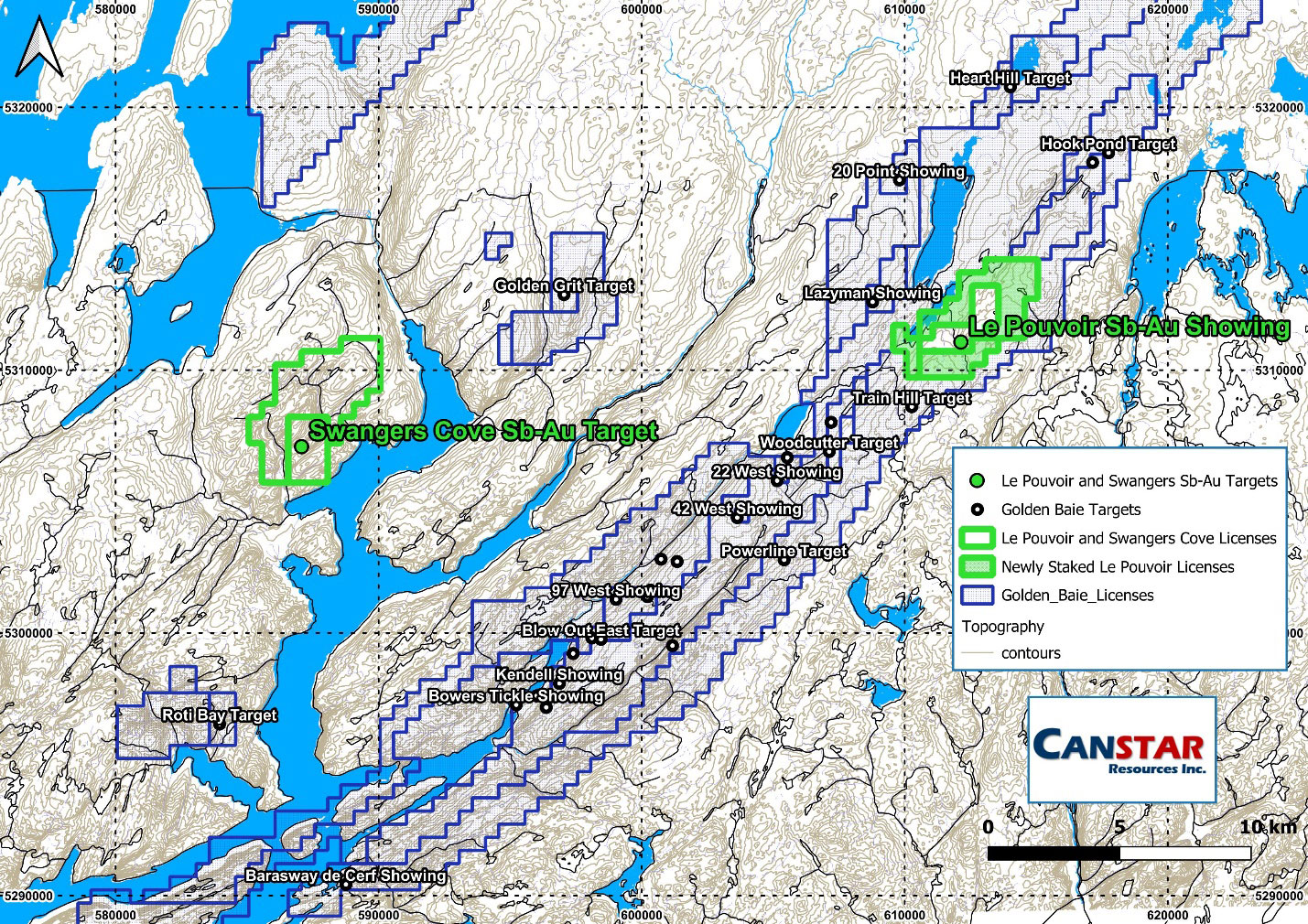 Figure 1: Le Pouvoir and Swangers Cove Sb-Au Prospects at Golden Baie