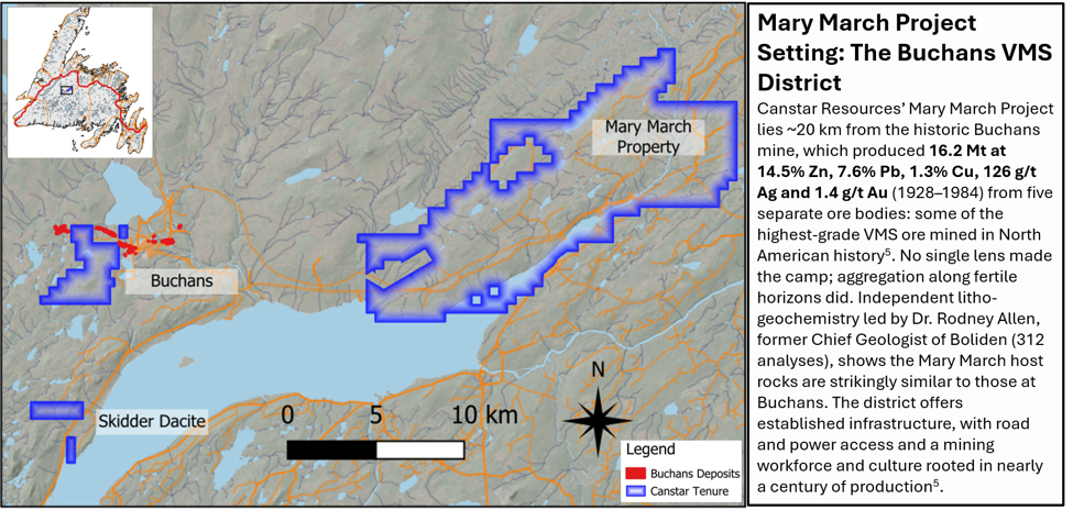 Mary March Project in the Buchans VMS district, approximately 20 km from the historic Buchans mine.