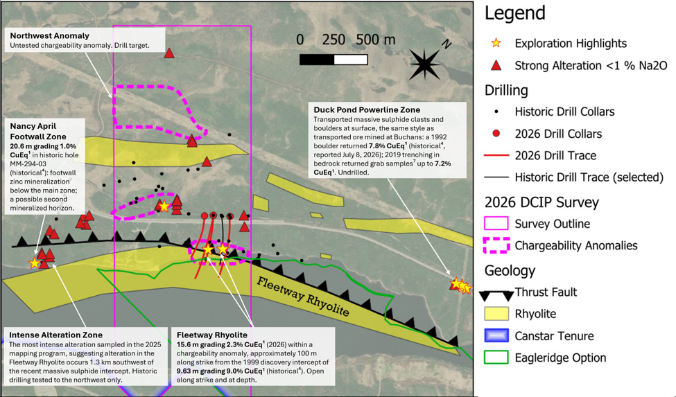 Mary March prospectivity map. Drill traces and the rhyolite outline are projected to surface: the 2026 holes intersected the rhyolite’s southeast margin at depth, and that contact is projected to surface here. Chargeability anomalies are geophysical model shapes, not mineralization outlines. Grades are shown where assays have been received.