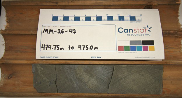 Massive sulphide, sawn half core, 474.75 to 475.0 m, drill hole MM-26-42